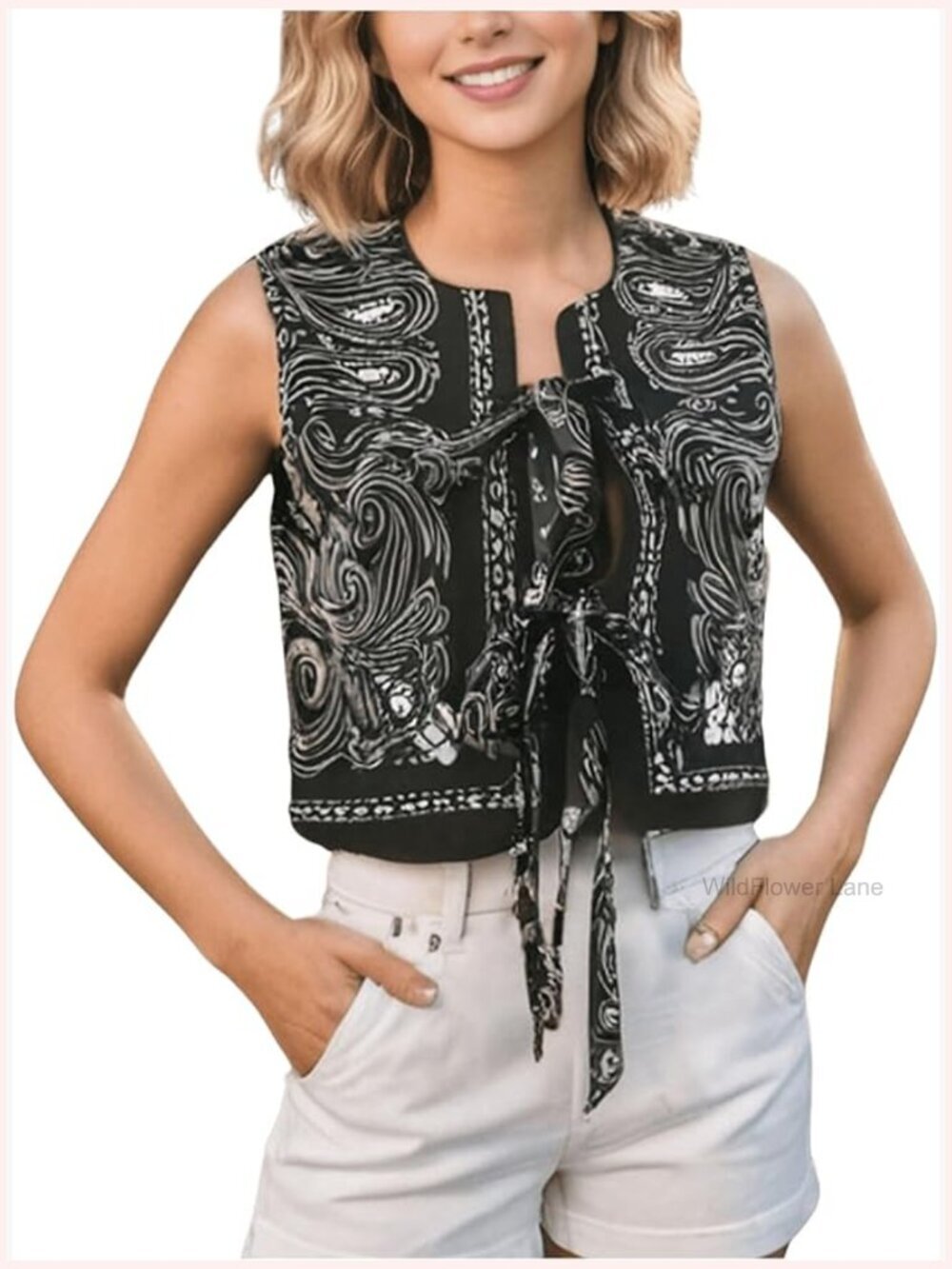 Paisley Print Tie Front Vest Top Sleeveless Boho Country Concert Tank